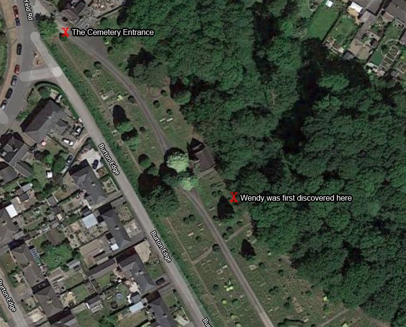 The location in the cemetery where Wendy was found by Stephen